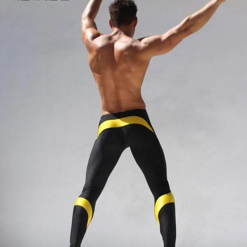 Спортивные Леггинсы мужские легинсы для бега, компрессионные леггинсы, брюки, эластичные штаны для тренировок, бодибилдинг, спортивная одежда, длинные штаны - Цвет: Yellow