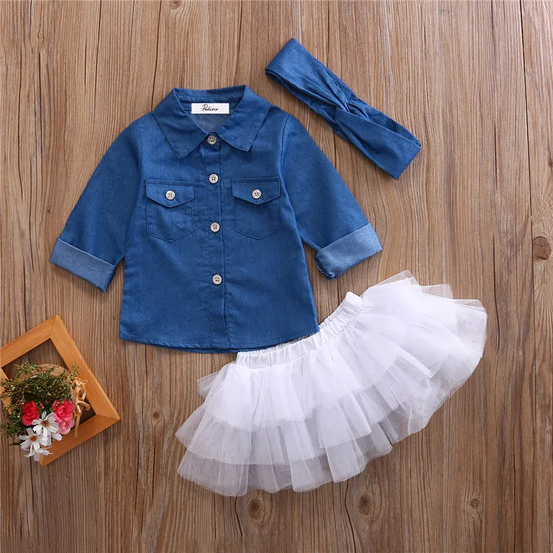 Baby Girl Summer Clothing Sets Baby Girls Clothes Denim Shirt Top +Tutu Skirts+Headband 3pcs Outfits Sets 0-5T