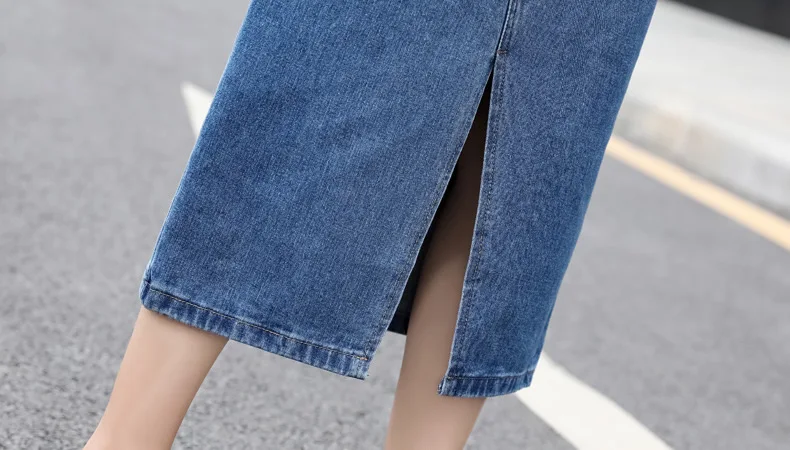 Women Plus Size Front Split Office Lady Straight Denim Skirts 7Xl 8Xl Spring Summer Mid Long Jeans Skirts Mid-Calf Mom Jeans