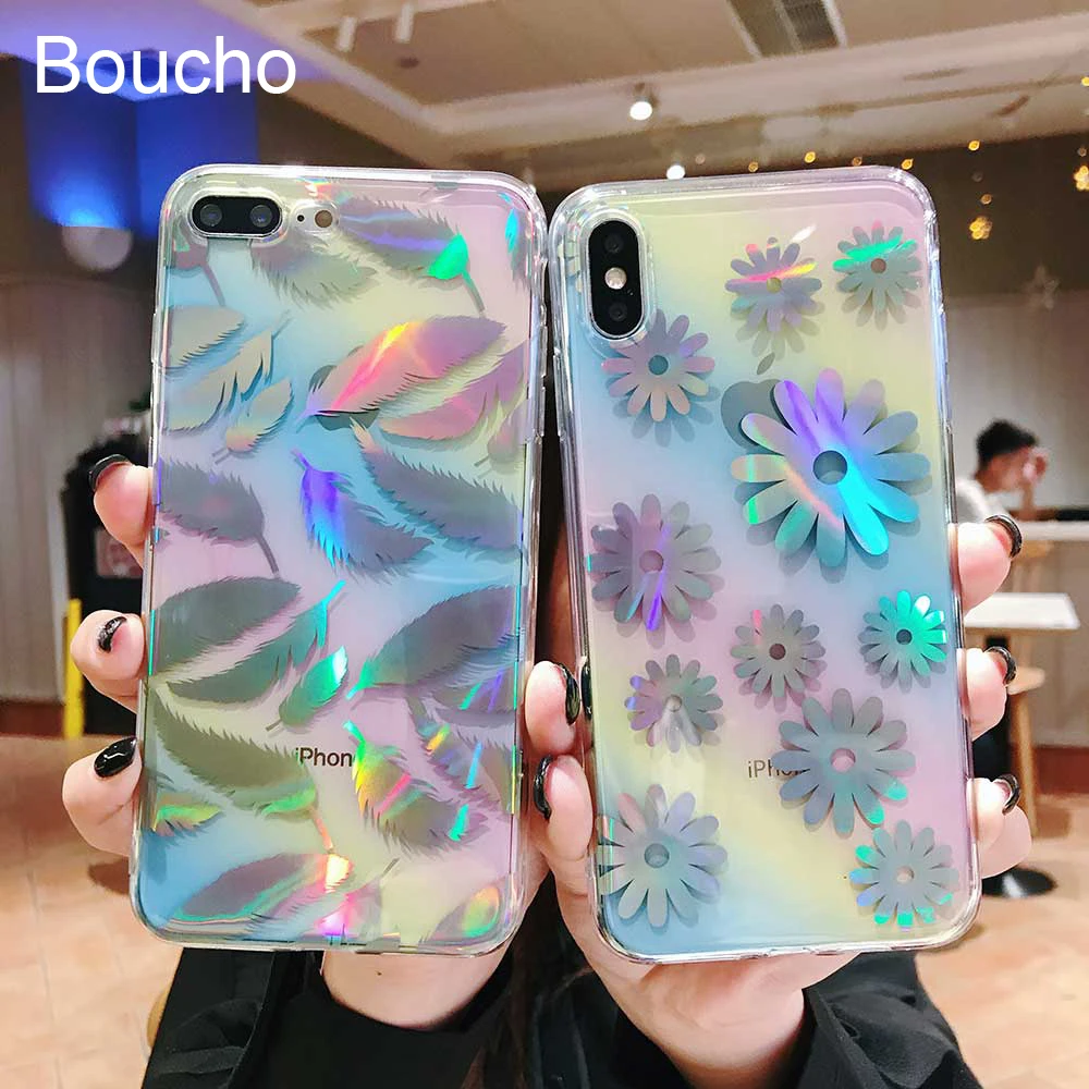 Boucho Transparent Case For iphone XS MAX 6 6s 7 8 plus X Cases Laser Feather Flower Phone XR Protective Cover |