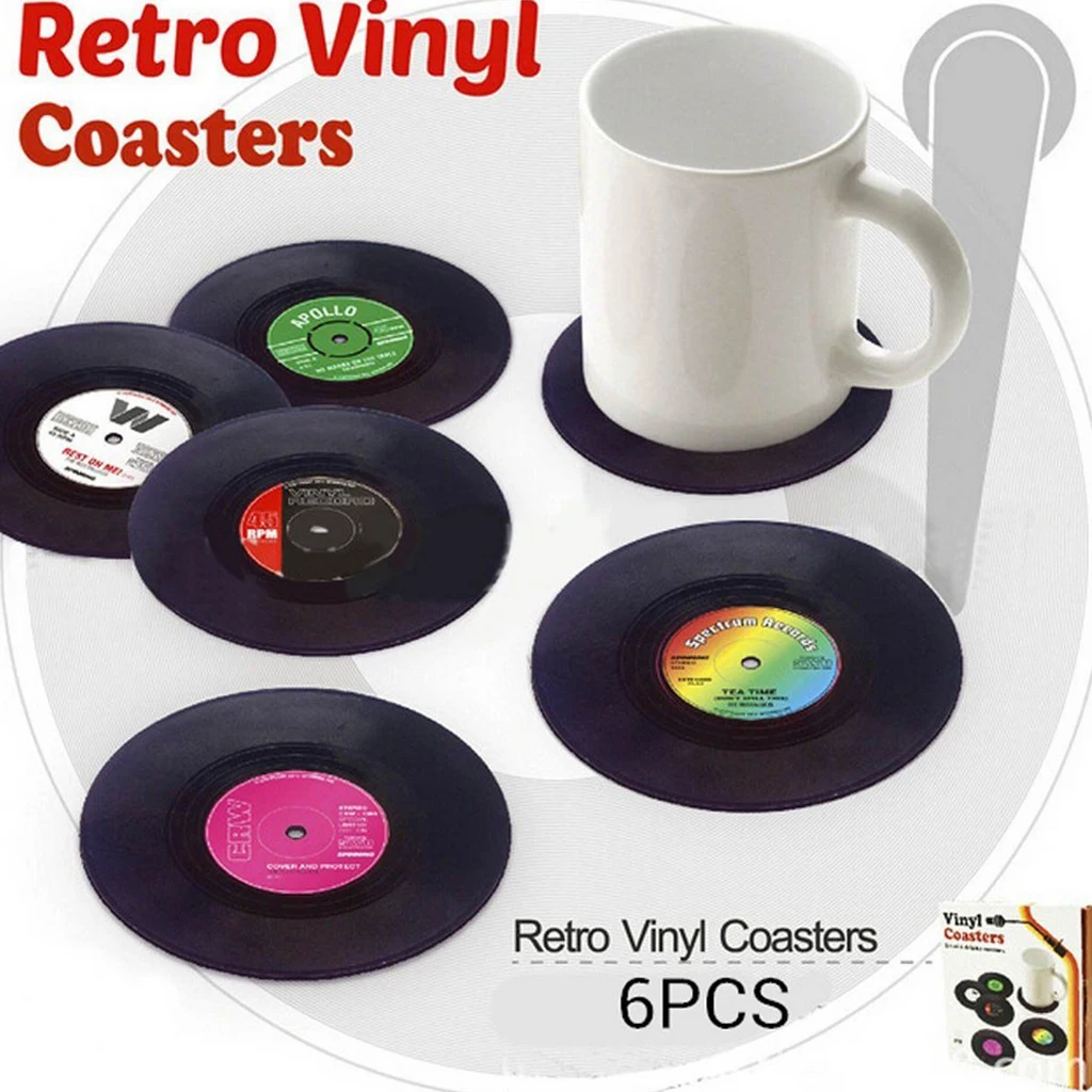 MagiDeal 6x Round Vintage CD Vinyl Coasters Record Cup Drink Holder Mat Table Placemat Home Bar Table Decor Coffee Drinks Mats