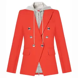 Высокое качество новейшая мода 2019 дизайнерский Блейзер Женский съемный с капюшоном двубортный Повседневный Блейзер Куртка