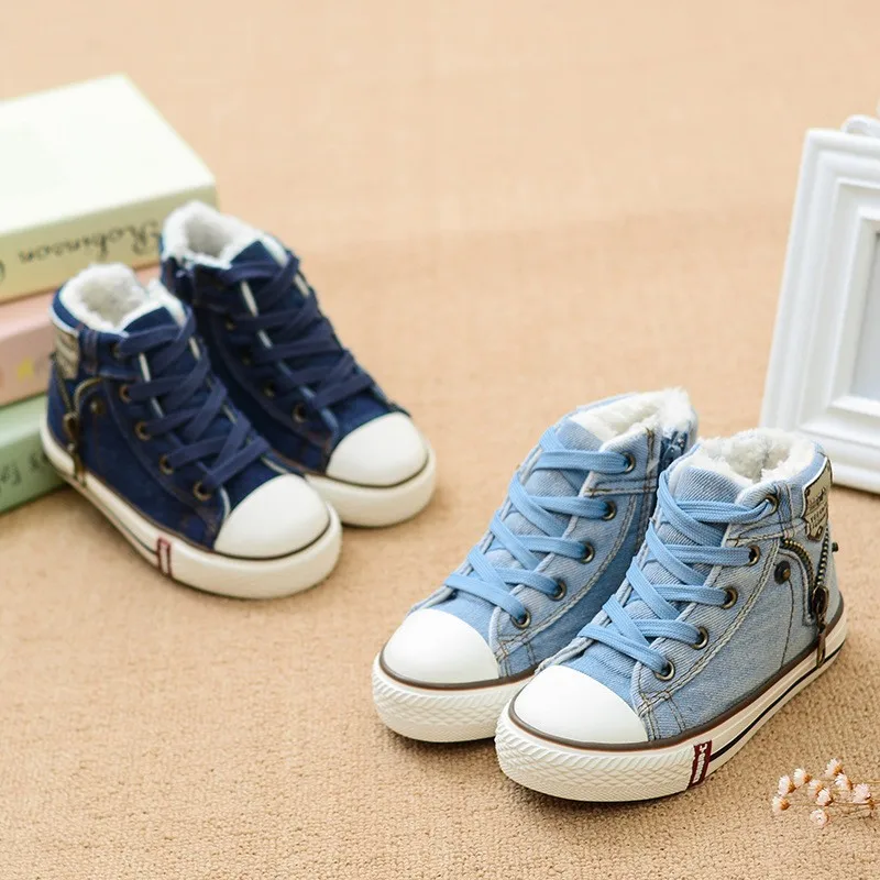 Winter Children Canvas Shoes Kids Sneakers Fashion Cotton-padded Boys Girls Denim Flats Side Zipper Plush Velvet Boots (2)