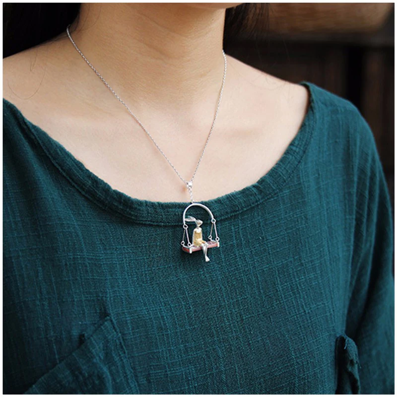 Lotus Fun Real 925 Sterling Silver Natural Mother of Pearl Handmade Fine Jewelry Miss Rabbit Pendant without Chain Acessorios