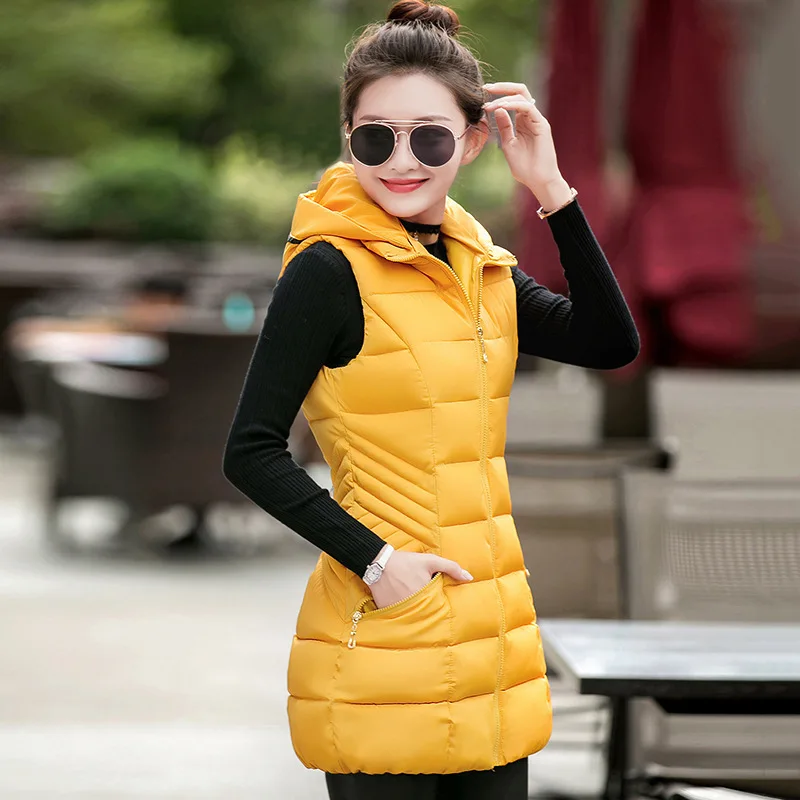 Women Winter Vest Waistcoat 2016 Women Long Vest Sleeveless Jacket Hooded Down Cotton Warm Vest Female Outerwear Plus Size L-3XL