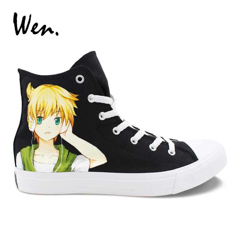 Wen Hand Painted Cosplay Shoes Anime VOCALOID Kagamine Rin Ren Custom Design Women Men's High Top Sneakers Black Canvas Zapatos