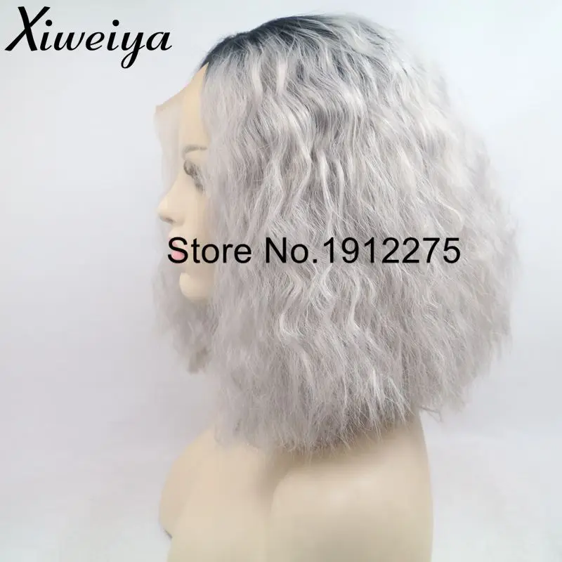 Xiweiya короткие вьющиеся волосы боб Омбре серебристо серые синтетические