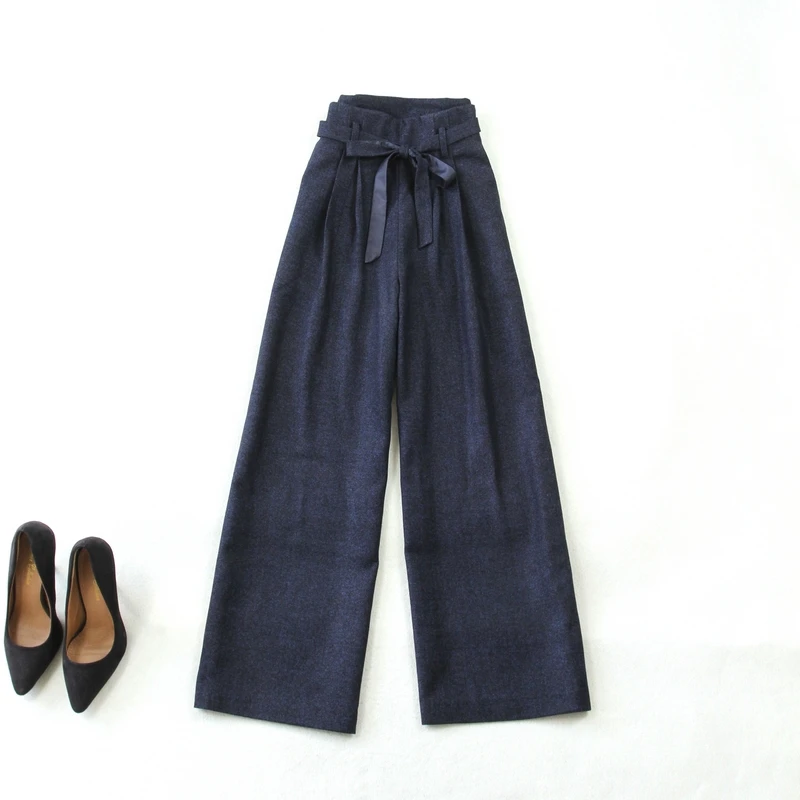 Women's suit set 2019 winter new large size Tibetan blue herringbone Slim long-sleeved suit wild high waist wide leg pants suit