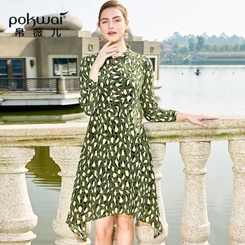 

POKWAI Women's Dress Sleeve Irregular Mosaic Color Print Slim Silk Dress Summer