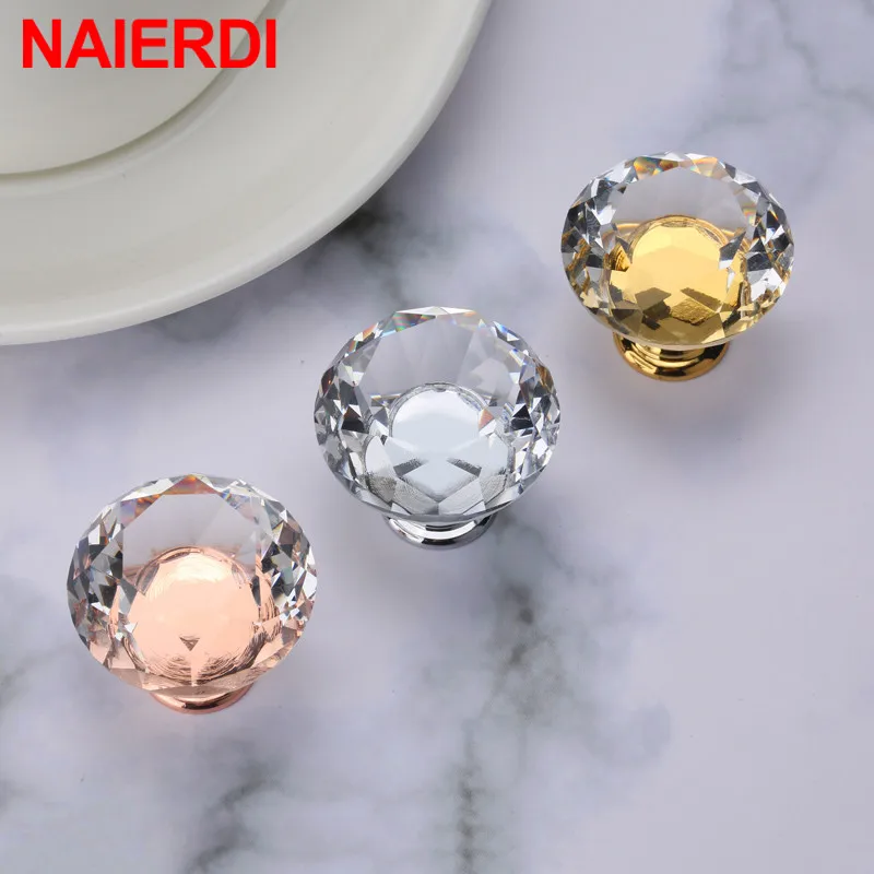 Furniture handles Kitchen door handles NAIERDI Gold Base Diamond Shape Design Crystal Glass Knobs Cupboard Pulls Drawer Knobs Kitchen Cabinet Handles Furniture Handle