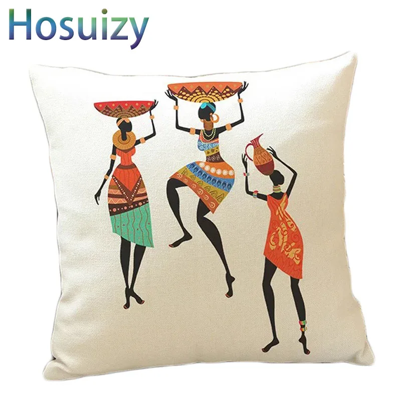الأفريقية فتاة غطاء الوسادة 45*45 cm الكتان طباعة الشمال الديكور المنزل رث شيك رمي وسادة يغطي ل أريكة الجدول كرسي سيارة