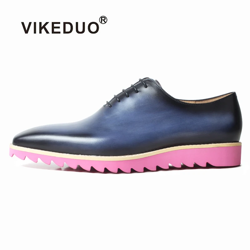 

VIKEDUO Leather Sneakers For Men Handmade Blue Patina Dress Shoes Mans Square Toe Oxford Shoes Wedding Office Driving Footwear