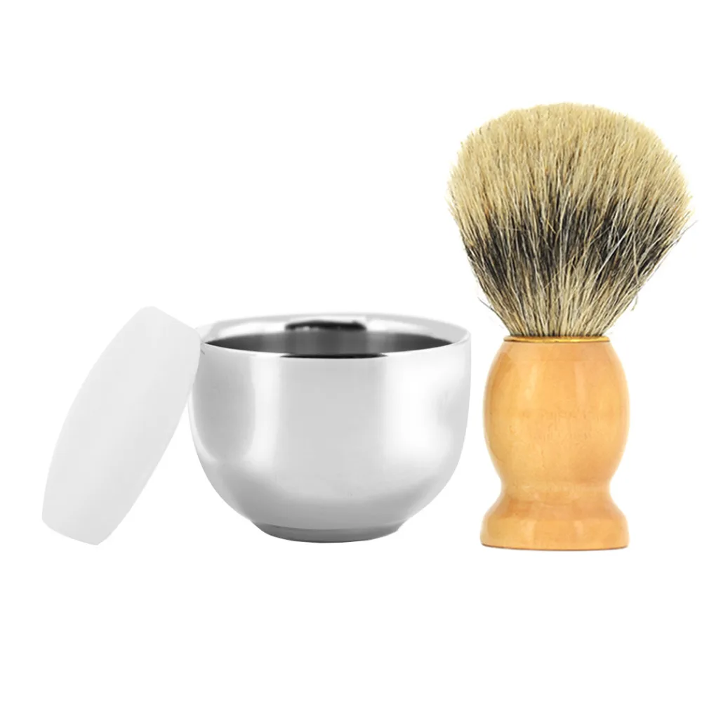 

ZY Men Double Layer Shaving Razor Bowl Stainless Steel Cup Mug + Badger Shaving Brush Wood Handle+ Barber Shaving Soap 3pcs/set