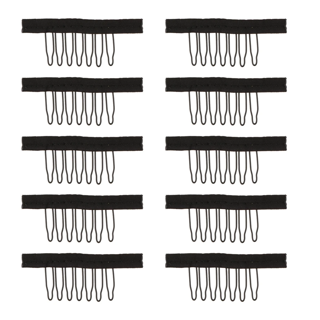 10pcs New 7 Teeth Wig Combs Steel Tooth Comb for Wig Caps Lace Cap Black Portable Stainless steel & Fabric