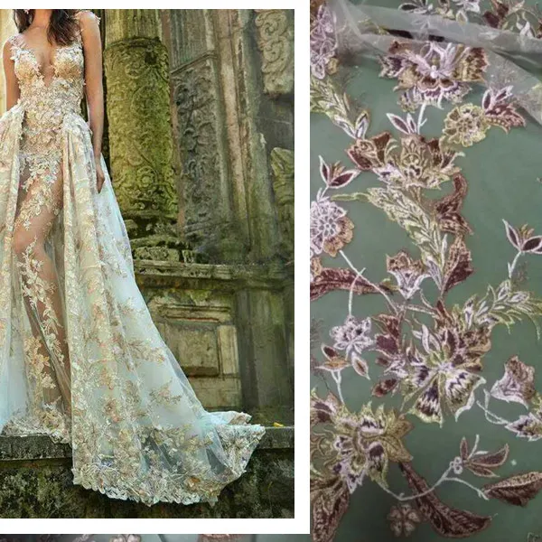 

5 yards heavy embroiedered lace fabric, multi-colors floral lace fabric for bridal gowns