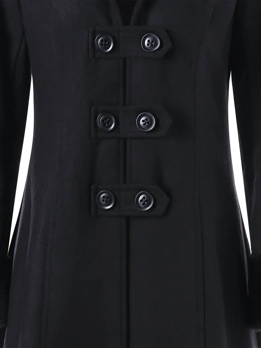 Женское готическое зимнее пальто, длинное, на шнуровке, Бандажное, лента, бант, шерсть, пальто, флокирование, мех, рождественское, черное, винтажное пальто с капюшоном