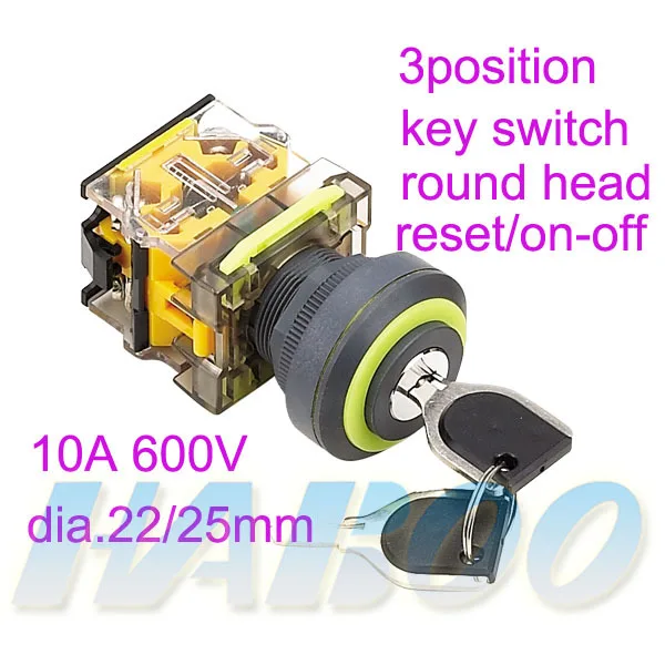 

5pcs packing 3position key switch untrathin head diameter 22mm or 25mm yellow silver ring color 10A600V IP40