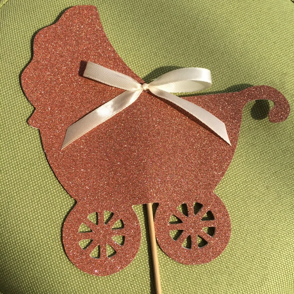 

Rose gold girl boy baby shower stroller cake topper baby cart table decoration centerpiece glitter paper