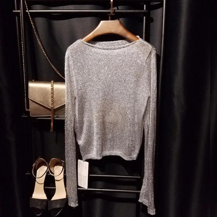 Cakucool New Gold Lurex Knit Tops Women t shirt Long Sleeve Slash Neck Tee Shirts Thin See-through Mesh Sexy Tees Tshirts Femme Cakucool New Gold Lurex Knit Tops Women t shirt Long Sleeve Slash Neck Tee Shirts Thin See-through Mesh Sexy Tees Tshirts Femme