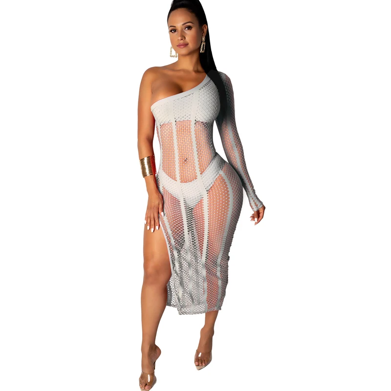

Sexy perspective mesh shoulder dress three-piece 2019 summer hot women's umbilical gauze dress club party nightclub dress