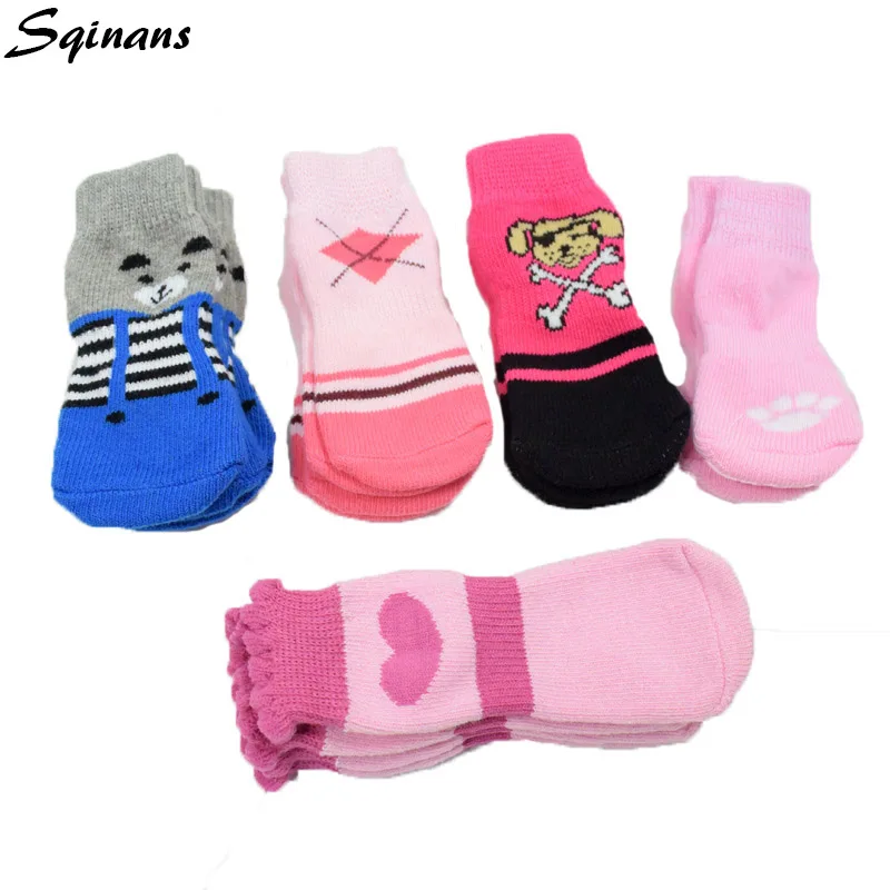 

Sqinans 4pcs/Set Non-slip Pet Dog Socks Cartoon Print Dog Shoes Winter Warm Knitted Socks For Dog S-XL