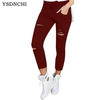 

YSDNCHI New High Waist Slim Women's Capris Fashion Holes Stretch Trousers Casual Cotton Nine Points Skinny Lace-up Pencil Pants