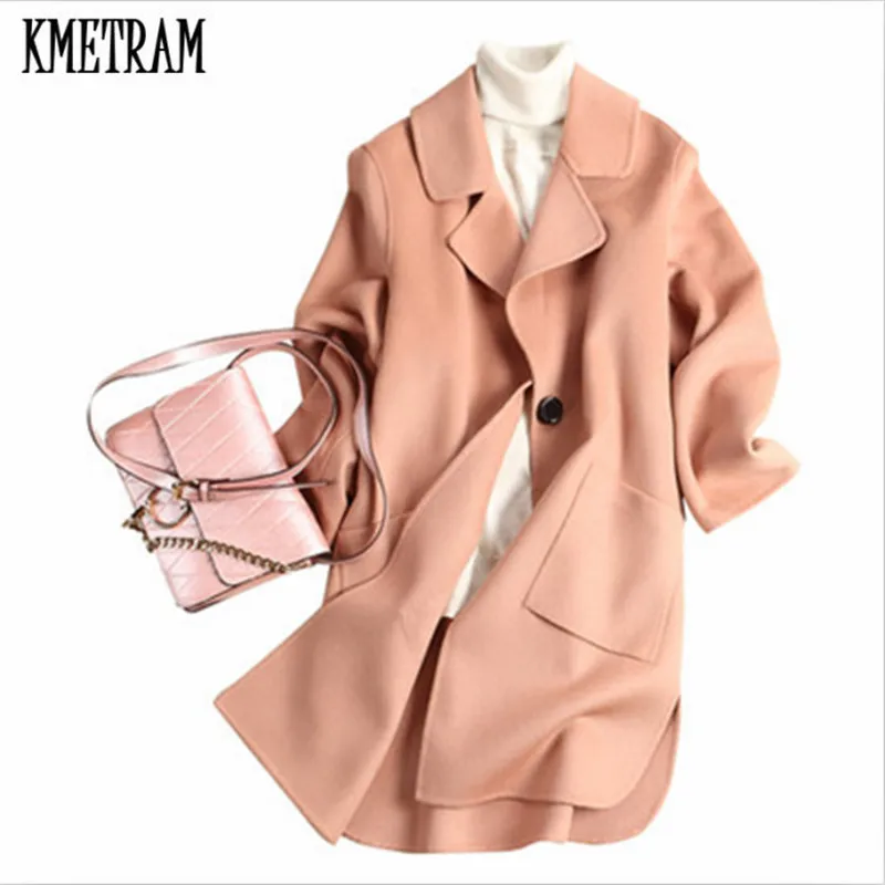 

KMETRAM spring and autumn fashion women's 100% cashmere coat real cashmere overcoat Turn-Down collar slim Style wool coat HH225