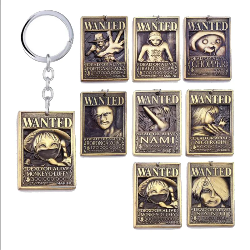 

Action One Piece Wanted Metal Keychain Straw Hat Luffy Sanji Zoro Nami Chopper Law Wanted Model Craft One Piece Pendant Kid Toys