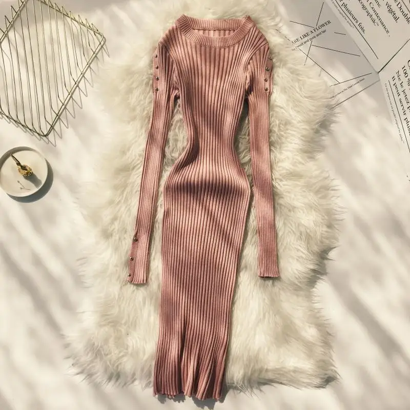 ALPHALMODA сексуальное трикотажное платье на пуговицах с рукавами осенне зимнее