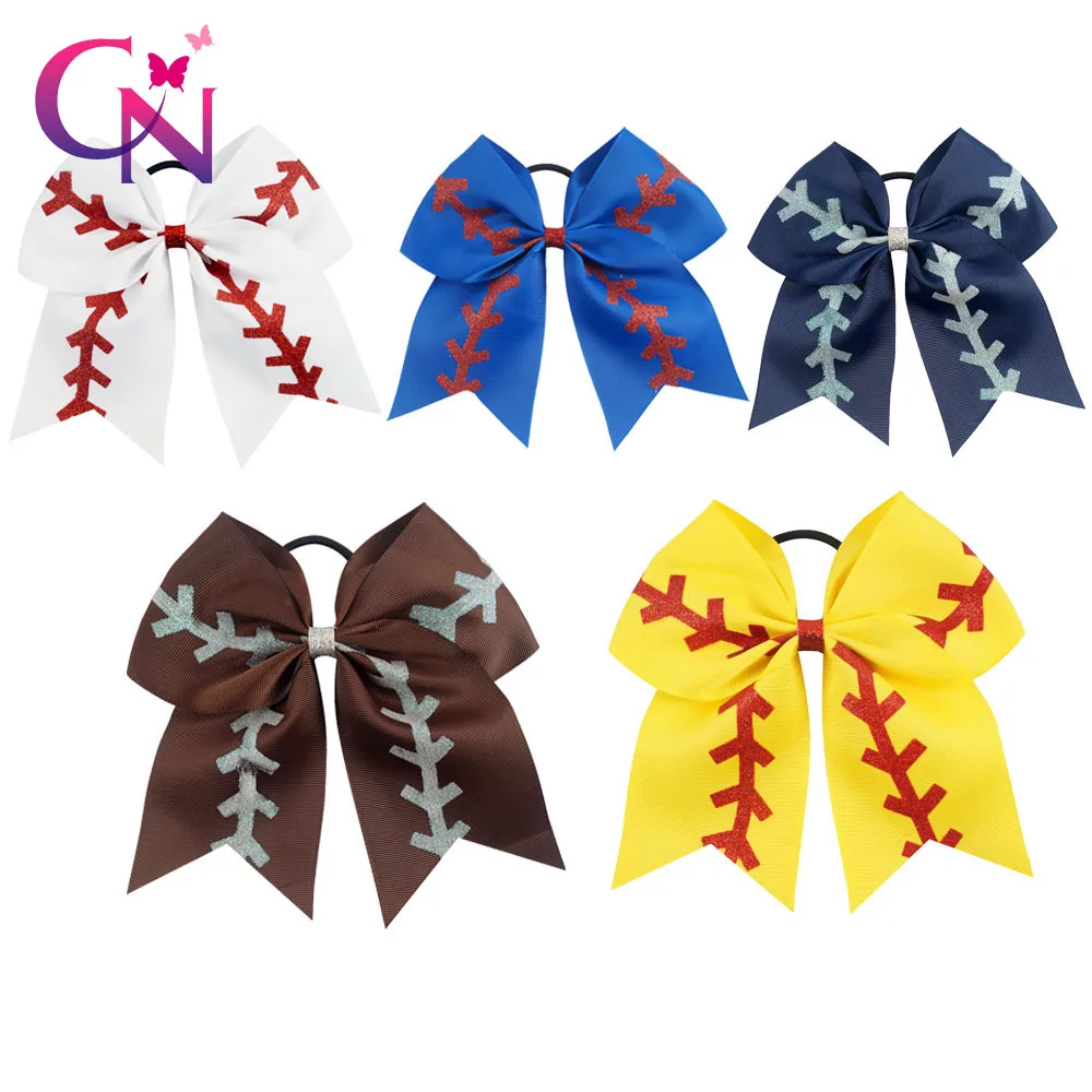 

20 Pcs/lot 7" Solid Ribbon Baseball Cheer Bow With Glitter For Girls Kids Handmade Large Elastic Hairband Hair Accessories