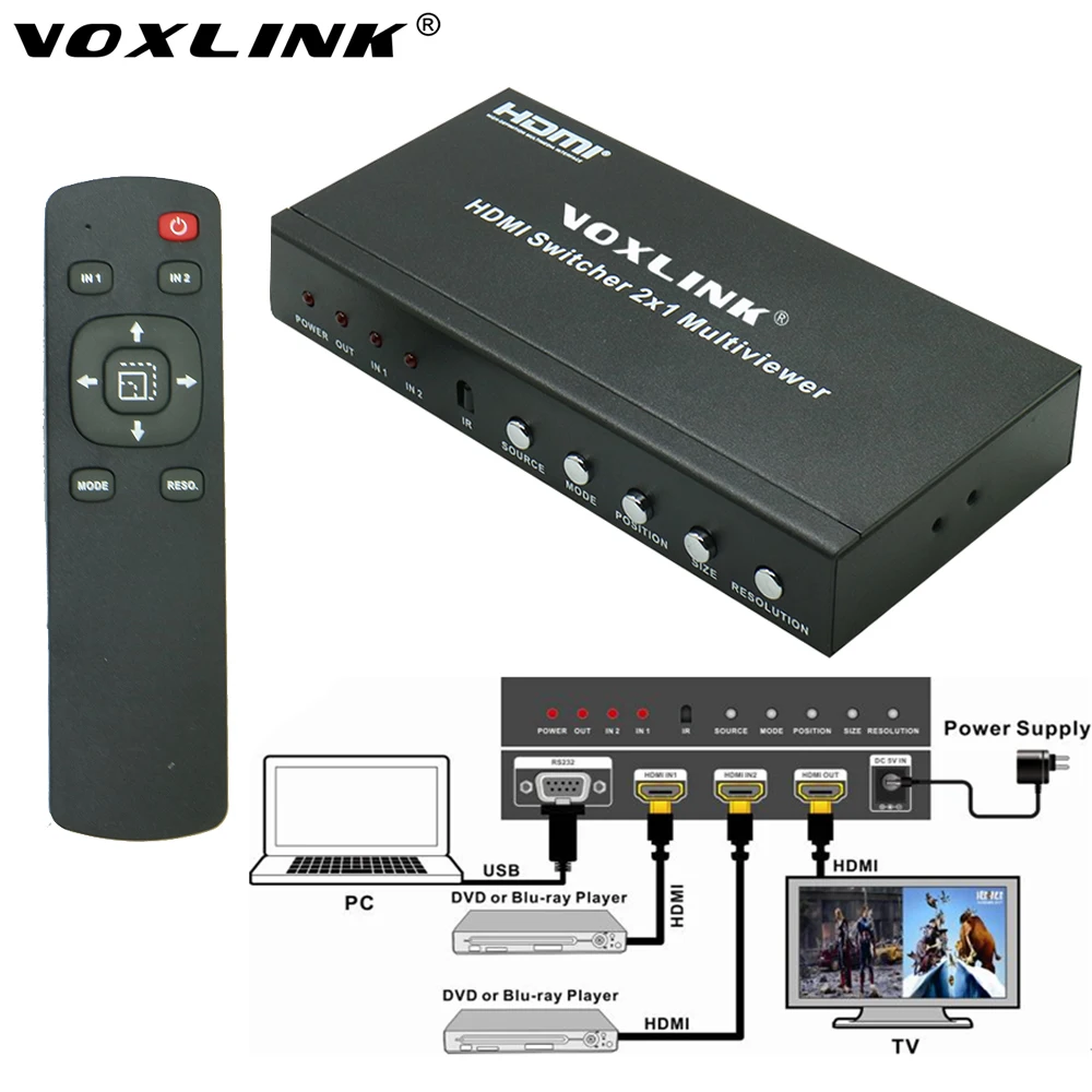 Voxlink 1080 P 2x1 Переключатель HDMI 2 Вход 1 выход Multi-Viewer PIP коробка переключения