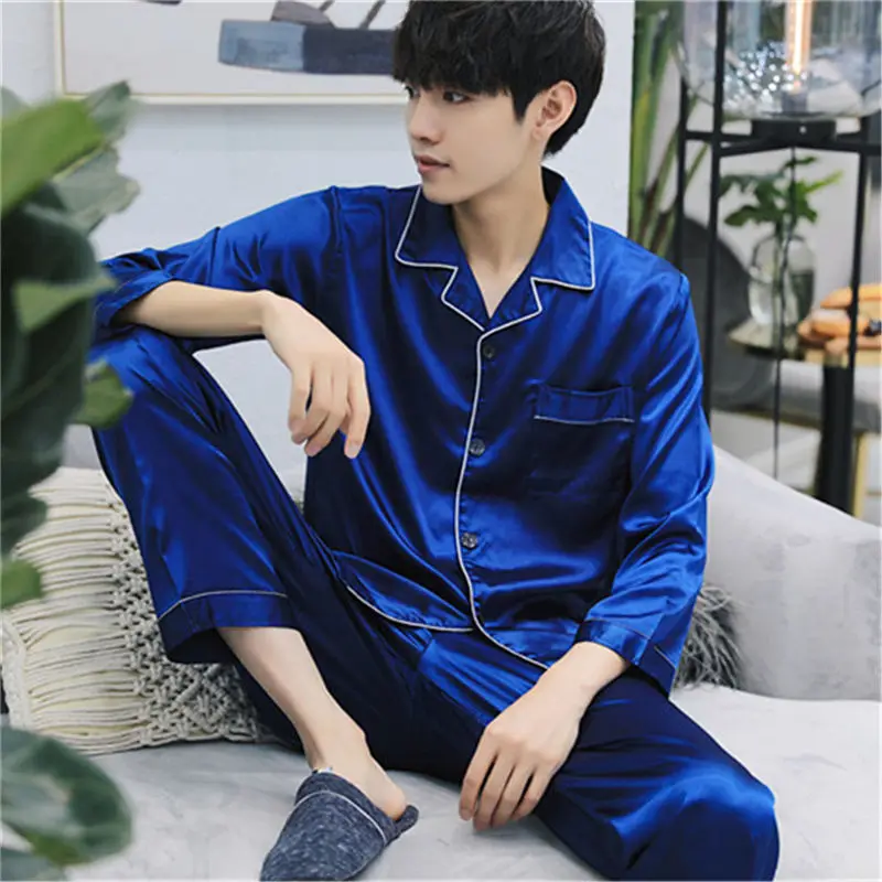 Брендовые новые китайские атласные шелковые пижамные комплекты длинные штаны с длинными рукавами пижамы для пар семейная домашняя одежда для мужчин и женщин, домашняя одежда для влюбленных - Цвет: sibaolan men