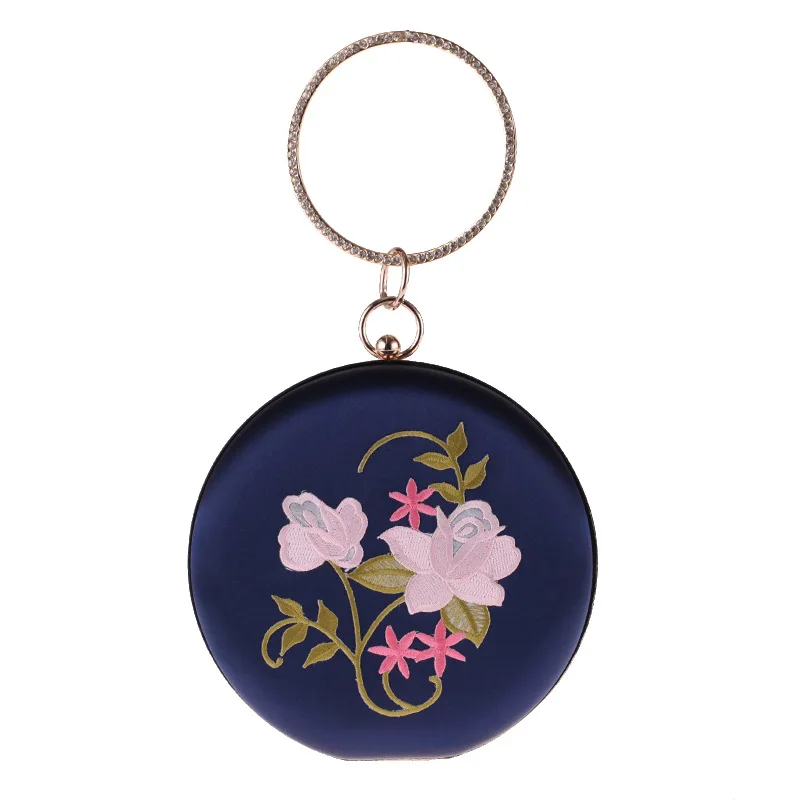 

Handmade Circular Evening Handbag Acrylic Diamonds Round Handle Metal Frame Embroidery Flower Chinese style Clutches chain strap