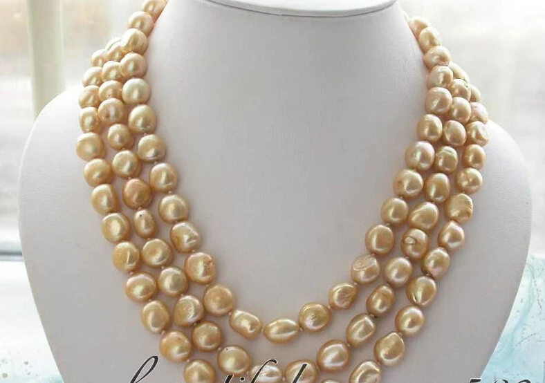

z3070 BEAUTIFUL 3row 12mm baroque golden fw pearl necklace shell clasp