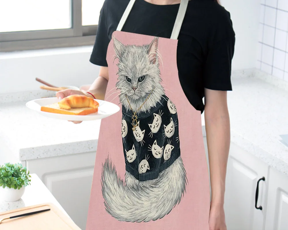 

Eco-friendly Printed Cats Pattern Seam Sewing Hand Measured Drinking Sleeveless Back Tie Linen Apron