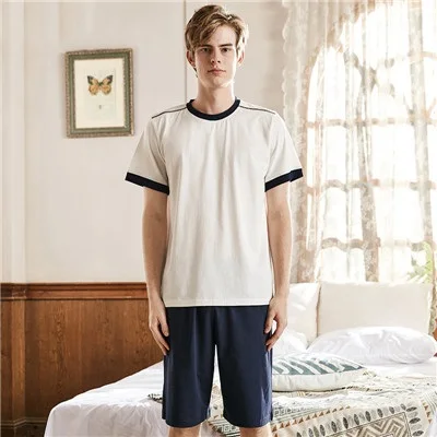 man Для мужчин хлопок Пижамные комплекты футболка и шорты мужской простой Pijama пижамы повседневные круглый воротник пару ночные рубашки летняя домашняя одежда - Цвет: man