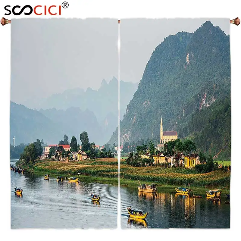 

Window Curtains Treatments 2 Panels,Lake House Decor Collection Calm Asian Riverside Village Small Houses Mountains Trees
