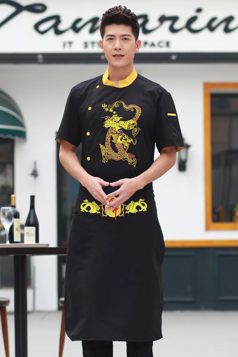 2018 новый стиль Вышитые Дракон шеф-повар комбинезоны с короткими рукавами hotel кухня обувь для мужчин и женщин рабочие китайский стиль