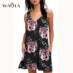 Waqia 2019 летнее платье женское плюс размер платье без рукавов с принтом Boho стиль короткое пляжное платье Сарафан повседневное цельнокроеное