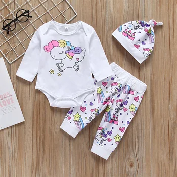 

Baby Girl Clothes 3pcs Bodysuit Baby Girls Clothing Set Unicorn T-shirt+Pants+Hat Newborn Infant 3pcs Suit Toddler Outfits