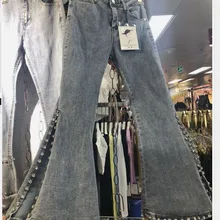 Новые весенние женские с высокой талией женские облегающие джинсы студенческие тонкие алмазные джинсовые брюки с крупным бисером Сплит джинсы брюки