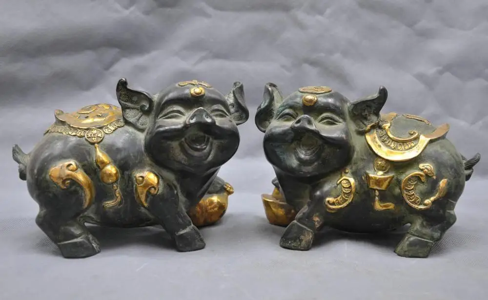 

8" China Fengshui Bronze Auspicious Wealth Animal Ruyi Pig Hog Statue A Pair