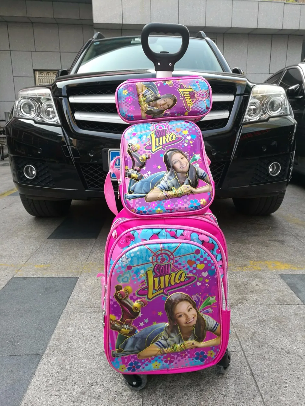 

2017 New princess schoo Trolley bag kids (trolley Schoolbag +Lunch Box +pencil Case) set Cartoon children school bags trolley