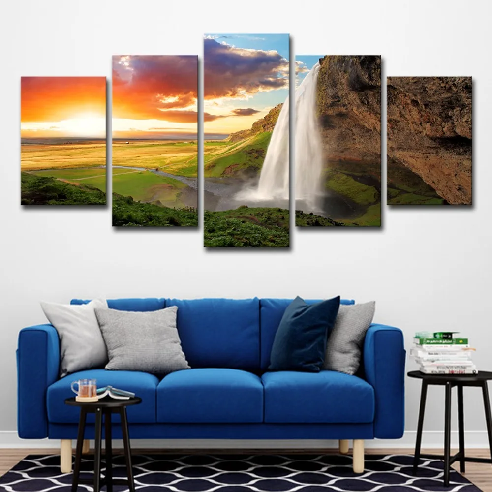 5P2257-HD Print 5 piece Painting Sunset waterFall Group Canvas Print room decor print poster picture canvas Free shipping (14) 