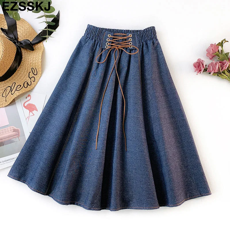 

Blue Denim Midi Summer Skirt Women 2019 Spring New Vintage Pearl Belt High Waist A-line Sun School Jeans Skirt Female