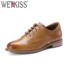 WETKISS/Весенняя повседневная женская обувь из натуральной кожи на плоской подошве с круглым носком; обувь на квадратном каблуке; нейтральная модная женская обувь в стиле ретро