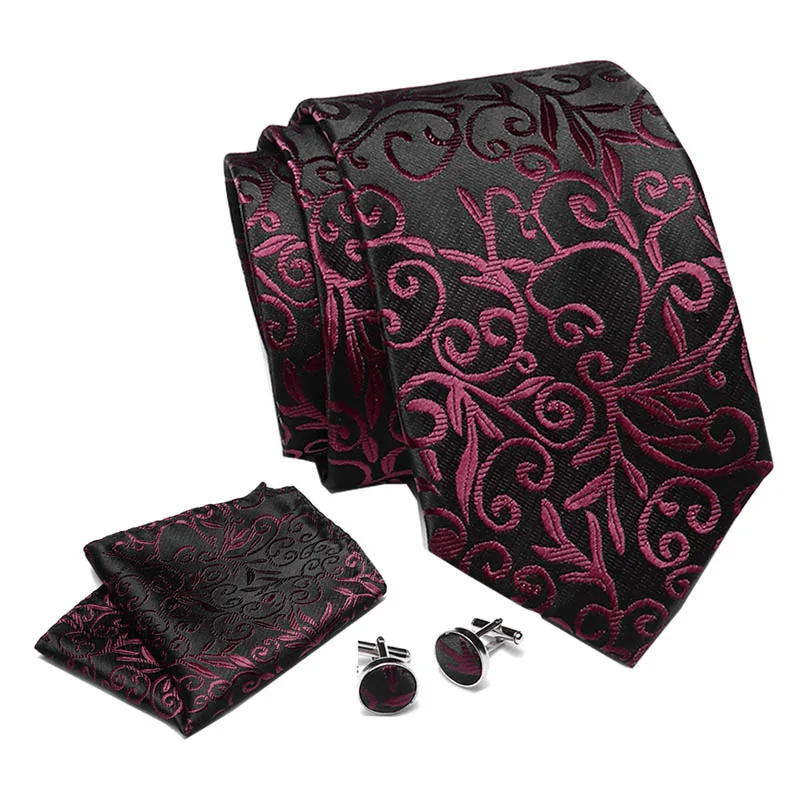 

2019 Fashion Red Pink Floral 7.5cm Width Tie Hanky Cufflinks Sets Men's Silk Ties for men Formal Wedding Party 04-19S43