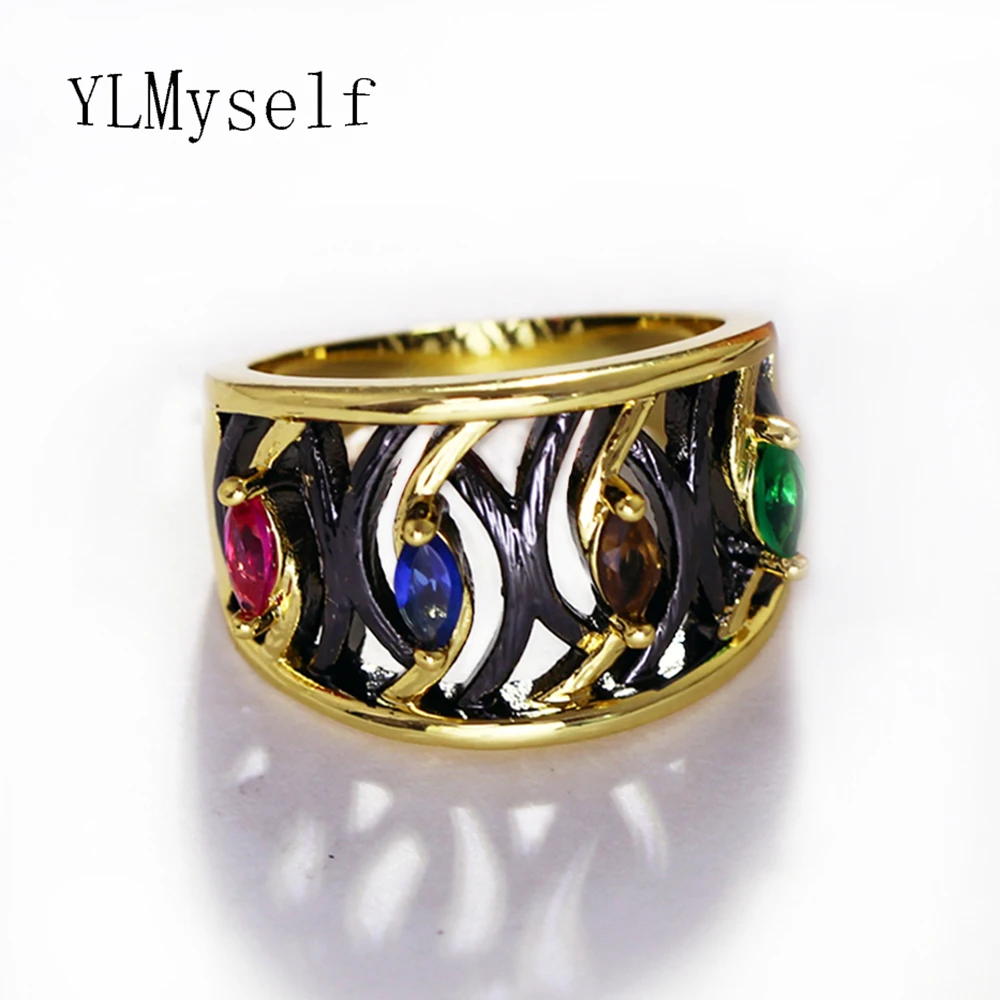 Модное Дизайнерское черное кольцо на палец с разноцветными камнями anel feminino anillos