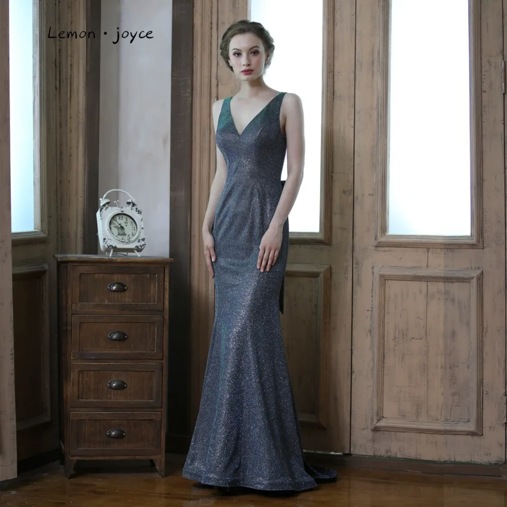 

Lemon joyce Sexy Evening Dresses 2019 for Women V-neck Sleeveless Backless Bow Simple Prom Party Gown Plus Size Reflective Dress