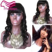 2015 7A Unprocessed Virgin Front Lace Wig Glueless Body Wave With Blunt Bangs Peruvian Full Lace Human Hair Wig For Black Women